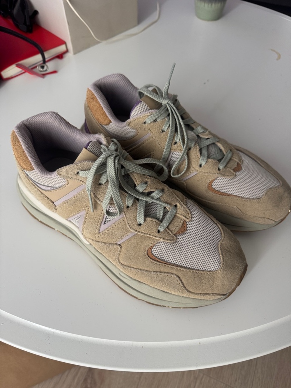 New Balance 57/40 Beige & Lavender Suede Sneakers with Purple Tongue
